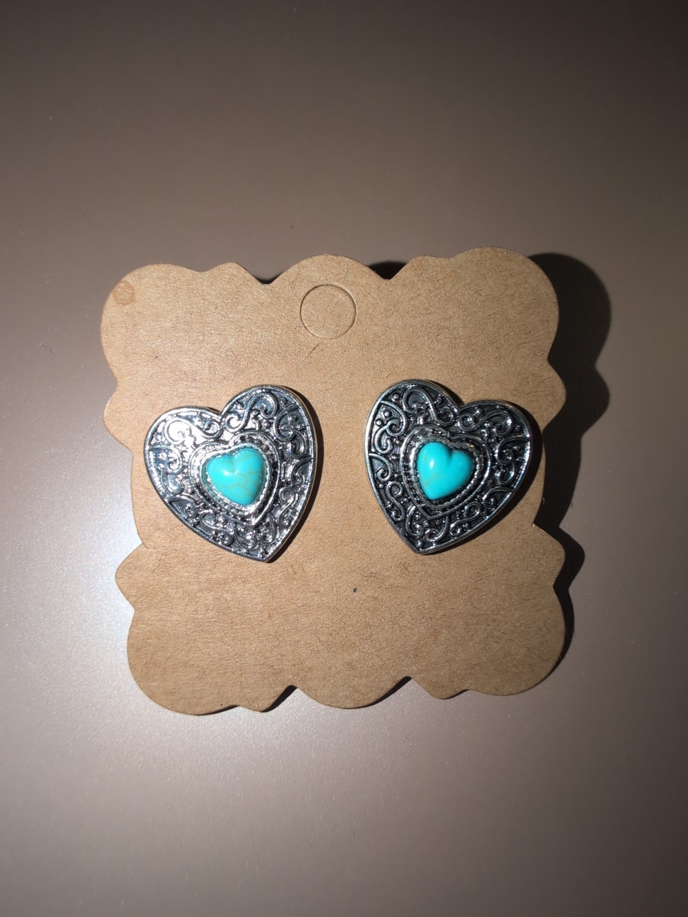 Turquoise Heart Filigree Stud Earrings - Silver Tone